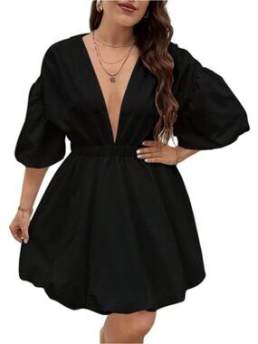 Plus Size Deep V Neck Puff Sleeve Flowy Flare Dress